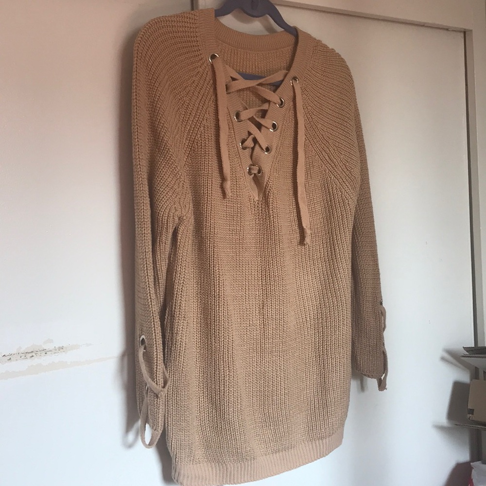 Taupe lace up oversized sweater